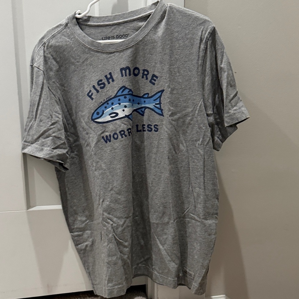 Life Is Good Gray Tee with Blue Fish Design